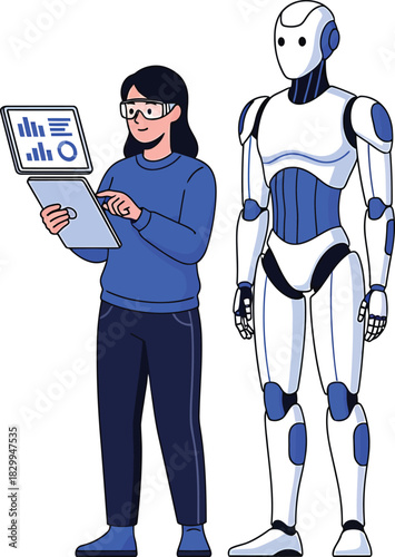 Female AI engineer inspecting humanoid robot Vector