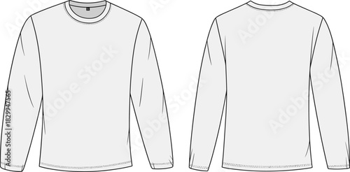 Basic long sleeve crew neck t-shirt flat sketch front and back, vector fashion CAD drawing for garment design and production