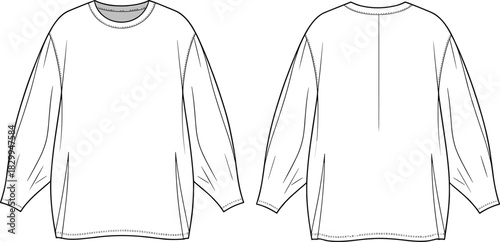 Basic long sleeve t-shirt flat sketch, front and back views, casual wear design, vector technical drawing, loose fit garment template