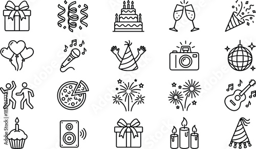 Celebration, Party, Festive, Event, Icon Set, Flat Design, Vector Illustration, Music, Food, Gift, Dance, Fun, Entertainment