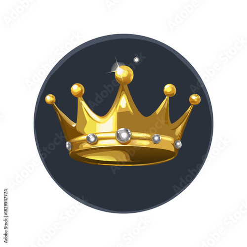Shiny gold crown on black circle in realistic vector style