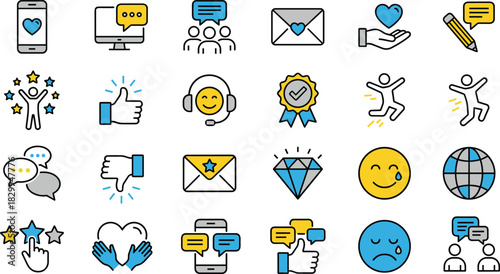Communication, Feedback, Emotion, Interaction, Icon Set, Flat Design, Vector Illustration, Digital, Social, Expression, Support, Messaging, Response