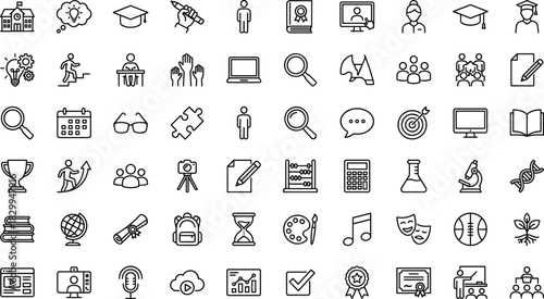 Education, Learning, School, Academic, Icon Set, Flat Design, Vector Illustration, Knowledge, Achievement, Science, Student, Teacher, Tools, Growth