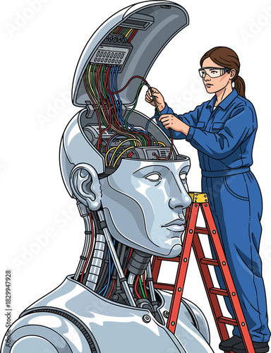 Female AI engineer inspecting humanoid robot Vector