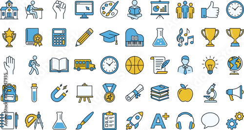 Education, School, Learning, Creativity, Icon Set, Flat Design, Vector Illustration, Student, Teacher, Achievement, Arts, Science, Technology, Growth