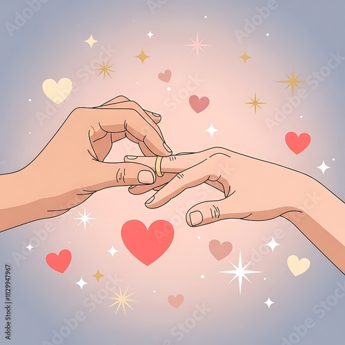 Romantic illustration of two hands exchanging wedding rings amidst sparkling hearts and soft bokeh lights