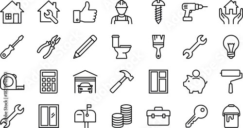 Home Improvement, Construction, DIY, Maintenance, Icon Set, Flat Design, Vector Illustration, Tools, Repair, Renovation, Household, Utility, Budget