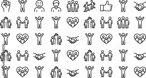 Human Interaction, Emotion, Unity, Icon Set, Flat Design, Vector Illustration, Support, Cooperation, Social Behavior, Connection, Teamwork, Care, Love