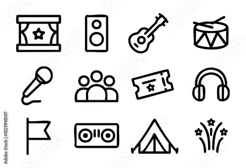 Music Festival doodle icons — live concert, outdoor party, and performance event symbols — stock vector.