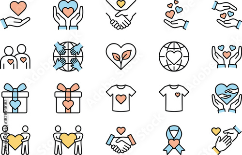 Love, Care, Unity, Support, Icon Set, Flat Design, Vector Illustration, Compassion, Connection, Giving, Heart, Community, Emotion, Togetherness