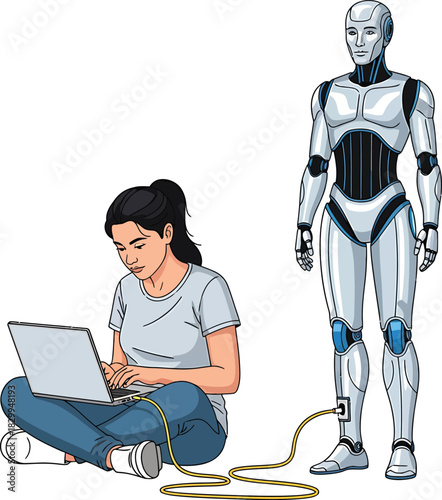 Female AI engineer inspecting humanoid robot Vector