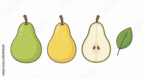 Pear set — green pear, yellow pear, sliced pear, pear leaf.