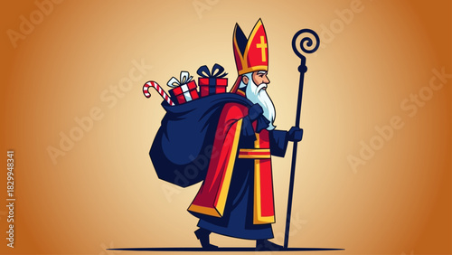Saint Nicholas illustration delivering gifts on Sinterklaas day