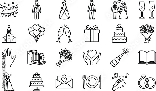 Wedding, Celebration, Love, Icon Set, Flat Design, Vector Illustration, Romance, Ceremony, Party, Marriage, Couple, Gift, Cake, Ring