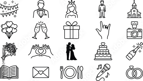 Wedding, Celebration, Love, Icon Set, Flat Design, Vector Illustration, Romance, Ceremony, Couple, Party, Gift, Cake, Ring, Joy