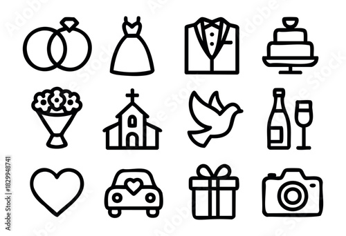 Wedding doodle icons — marriage ceremony, reception, and romance symbols — stock vector.