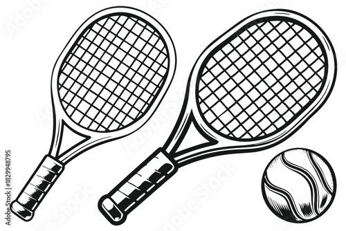 Black silhouette displays the tennis racket and ball on a white background, clearly seen