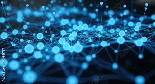 Abstract network connection with glowing blue dots and lines representing data flow.