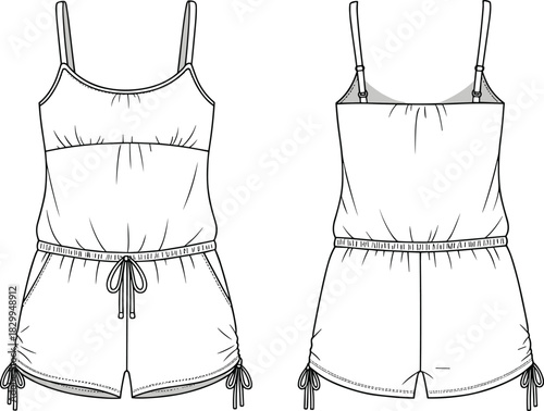 Spaghetti strap women’s romper with drawstring waist and side ties, casual summer fashion cad flat technical illustration
