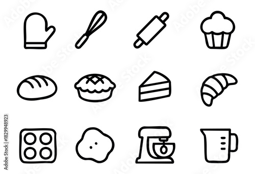 Baking doodle icons — bakery tools, kitchen equipment, and sweet pastry symbols — stock vector.