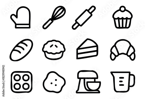 Baking doodle icons — bakery tools, kitchen equipment, and sweet pastry symbols — stock vector.