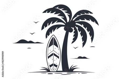 Black silhouette features surfboard next to palm tree with birds in a monochrome scheme