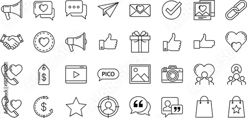 Social media marketing icons, communication symbols, like thumbs up, chat bubbles, gift box, camera, handshake, phone call, shopping bags, user targeting