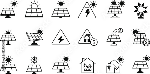 Solar energy icons set, renewable energy power, solar panel vector symbols, clean electricity generation, eco-friendly technology, sun power