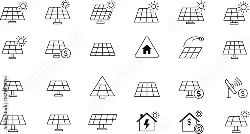 Solar energy panel icons collection, renewable power source line art, sustainable electricity symbol, eco-friendly clean energy vector illustration