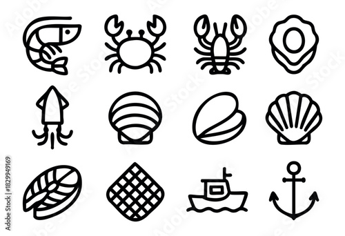 Seafood line icons — various types of fish, shellfish, and marine cuisine symbols — stock vector.
