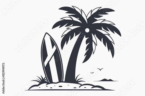 Black silhouette shows a surfboard with flower alongside a palm tree on white