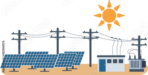 Solar energy power plant, solar panels, renewable energy, electric power distribution, sustainable energy source, solar farm, electricity transmission lines, clean energy system