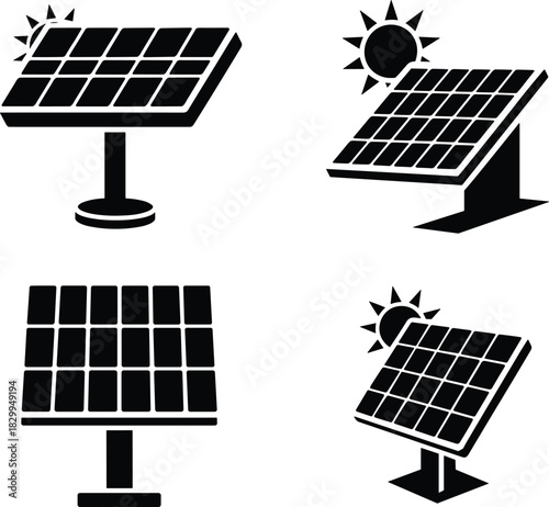 Solar panels with sun icon, renewable energy concept, clean power source, sustainable technology, eco-friendly solar system, energy efficiency illustration, green energy