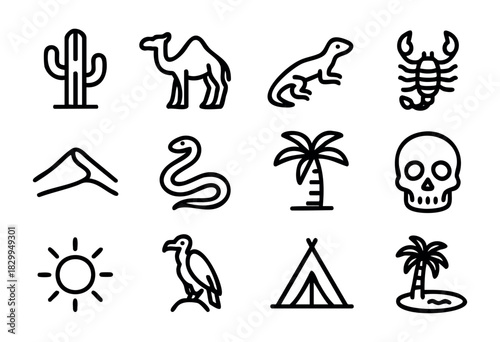 Desert line icons — arid landscape, wildlife, and survival symbols — stock vector.