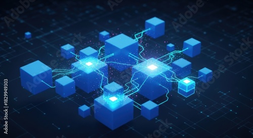 Abstract Digital Network with Glowing Blue Cubes and Connections.