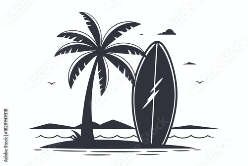 Black silhouette shows palm tree and surfboard on a tropical island landscape