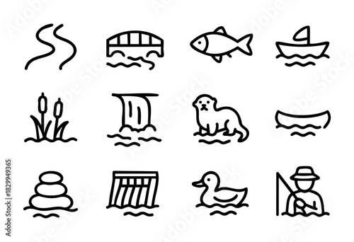 River & Lake line icons — freshwater nature, wildlife, and recreational activity symbols — stock vector.
