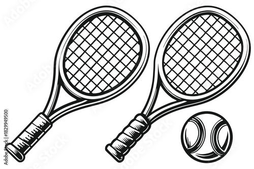 Black tennis racket is seen near a tennis ball on an isolated background