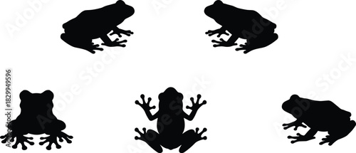 Set of Black Silhouette Frog and Toad Figures in Various Poses, Including Front and Side Views, Representing Amphibians, Nature, and Wildlife