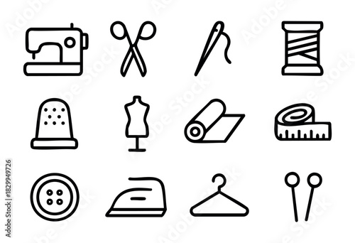 Sewing line icons — tailoring tools, dressmaking equipment, and craft supplies — stock vector.
