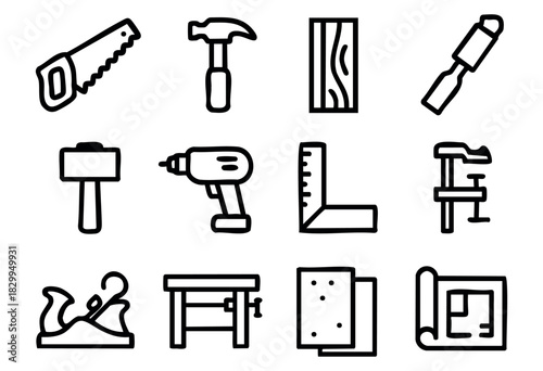 Woodworking & Carpentry line icons — construction tools, woodcraft equipment, and building supplies — stock vector.