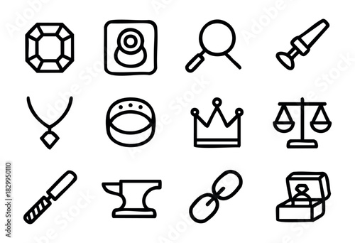 Jewelry Making doodle icons — gemology, goldsmith tools, and precious stone symbols — stock vector.