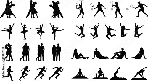 Collection of Dynamic Silhouette Icons: Dancing, Tennis, Ballet, Jumping, Couples, Running, Relaxation, and Yoga Poses Representing People in Active Lifestyle