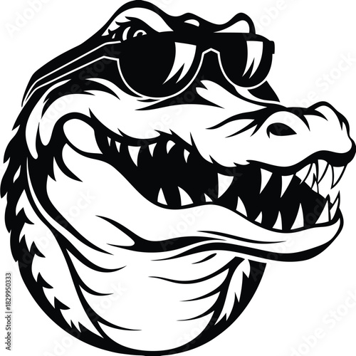 Cartoonish alligator with sunglasses showing tongue and sharp teeth looks cool in black and white