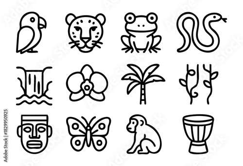 Rainforest & Jungle line icons — tropical wildlife, exotic plants, and Amazon adventure symbols — stock vector.
