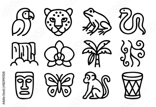 Rainforest & Jungle line icons — tropical wildlife, exotic plants, and Amazon adventure symbols — stock vector.