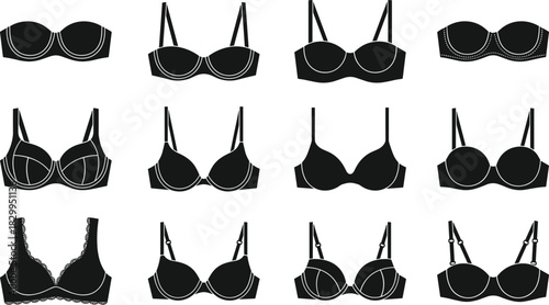 Black Silhouette Icon Set of Women's Underwear Bras, Featuring Various Styles Like Push-up, Strapless, Laced, and Padded Lingerie, Isolated on White