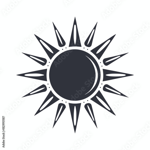 Dark grey sun with radiant rays radiates a stylized celestial power and beauty