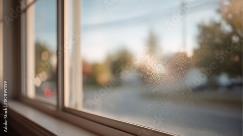 Fototapeta Naklejka Na Ścianę i Meble -  Close-up of a window with a view of a cityscape outside. the window is made of glass and has a wooden frame.