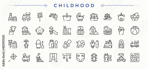 Childhood simple icon set. Kid collection for mobile and web apps. Minimal thin line web icons set. Kid icon set. Editable stroke. Vector illustration.